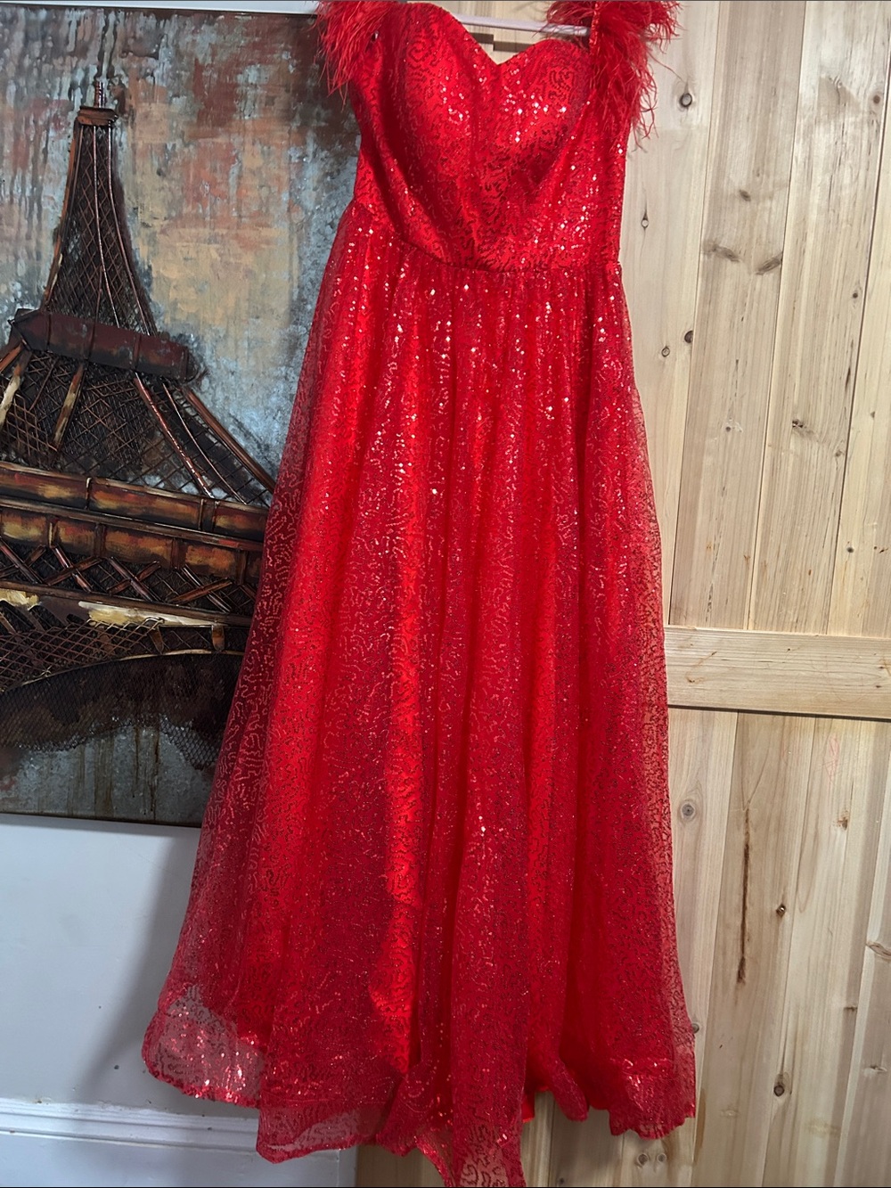 Red Sequin on or off the shoulder feather straps Corset back gown